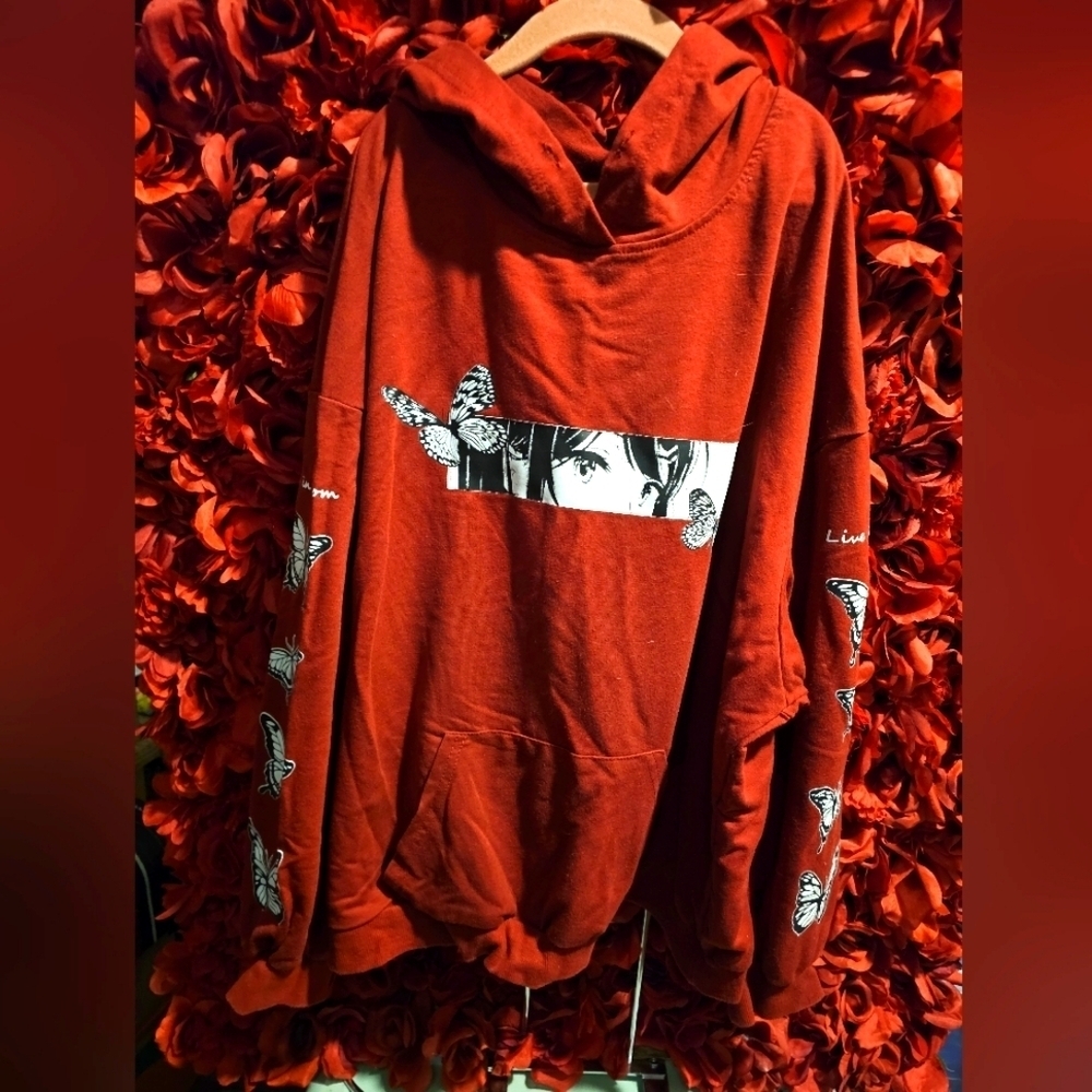 Shein Curve 2 XL Maroon Graphic Hoodie with Butterfly Sleeves & faces on front